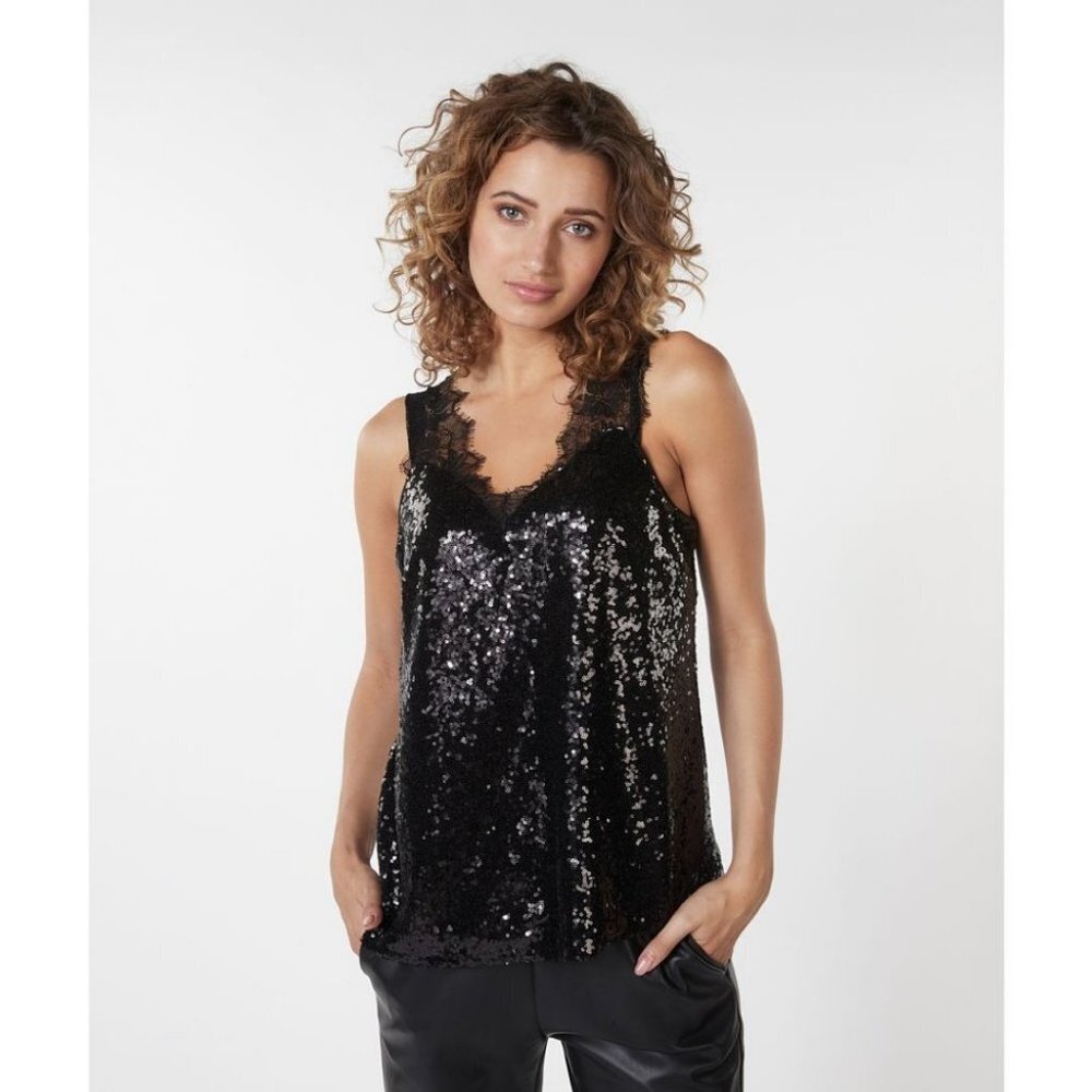NWT ESQUALO Black Sequin & Lace Top